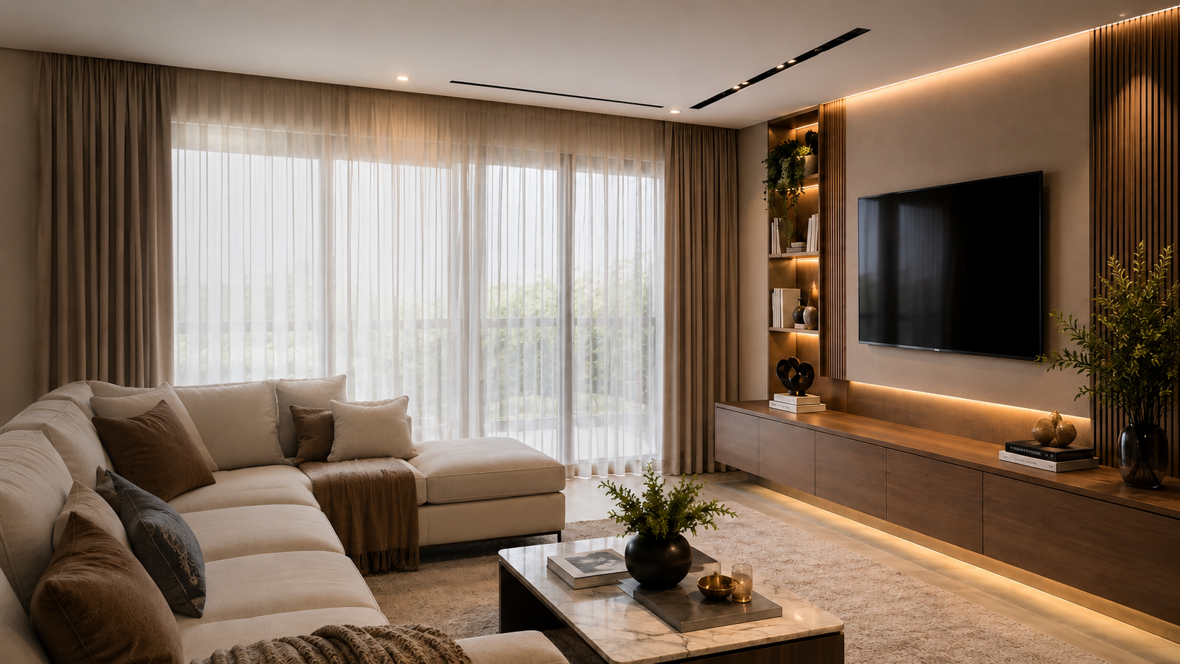 Sala elegante com cortinas sob medida — Studio V & Interiores